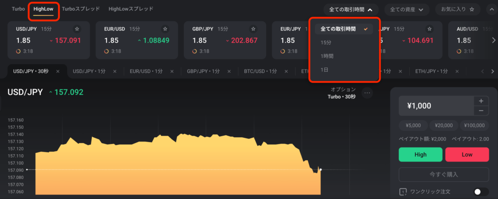 「Turbo」と「HighLow」のどちらかを選択し、判定時間を選ぶ